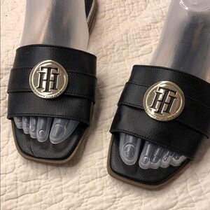 Tommy Hilfiger Black Slides with Gold Emblem